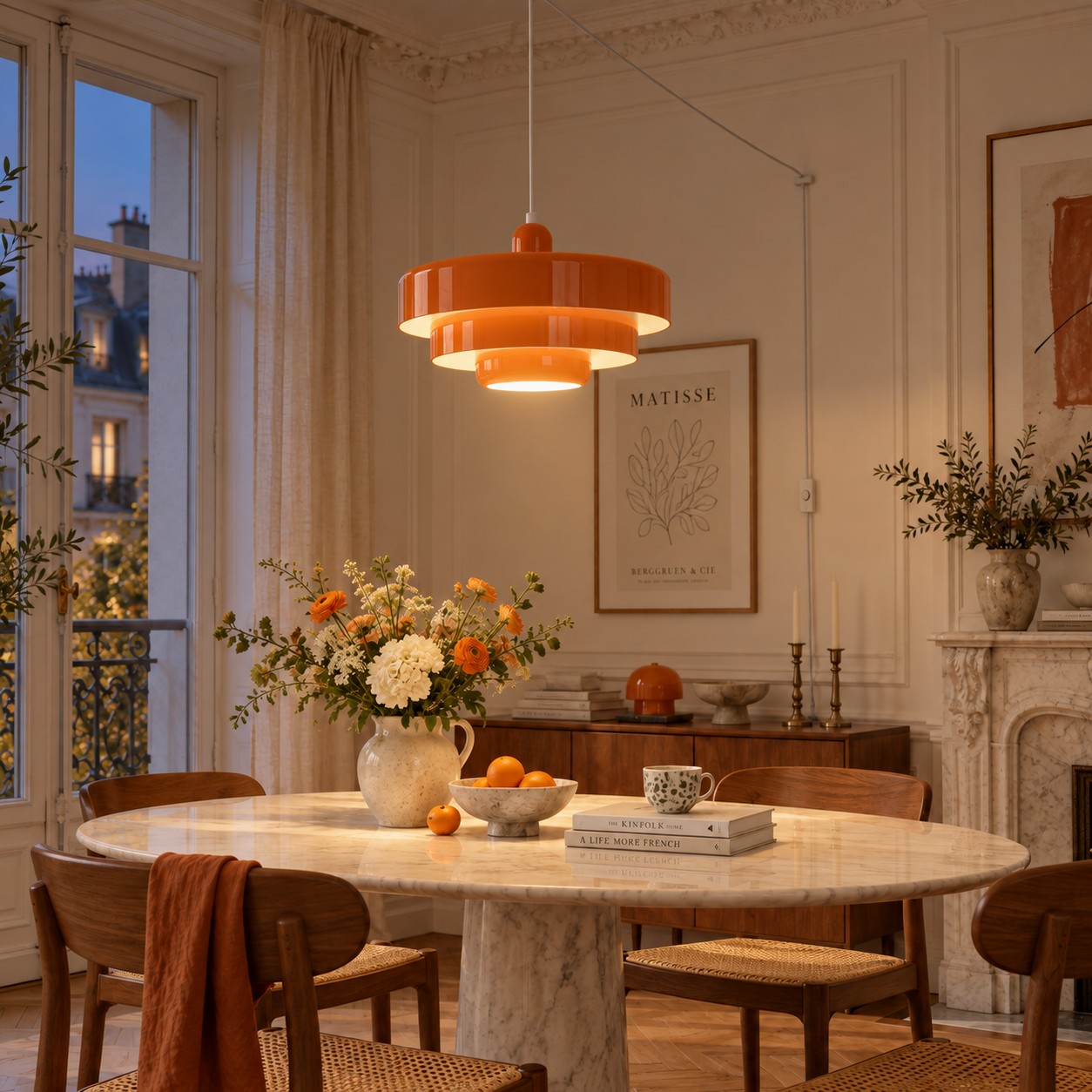 Orange pendant light switched on in the same dining room
