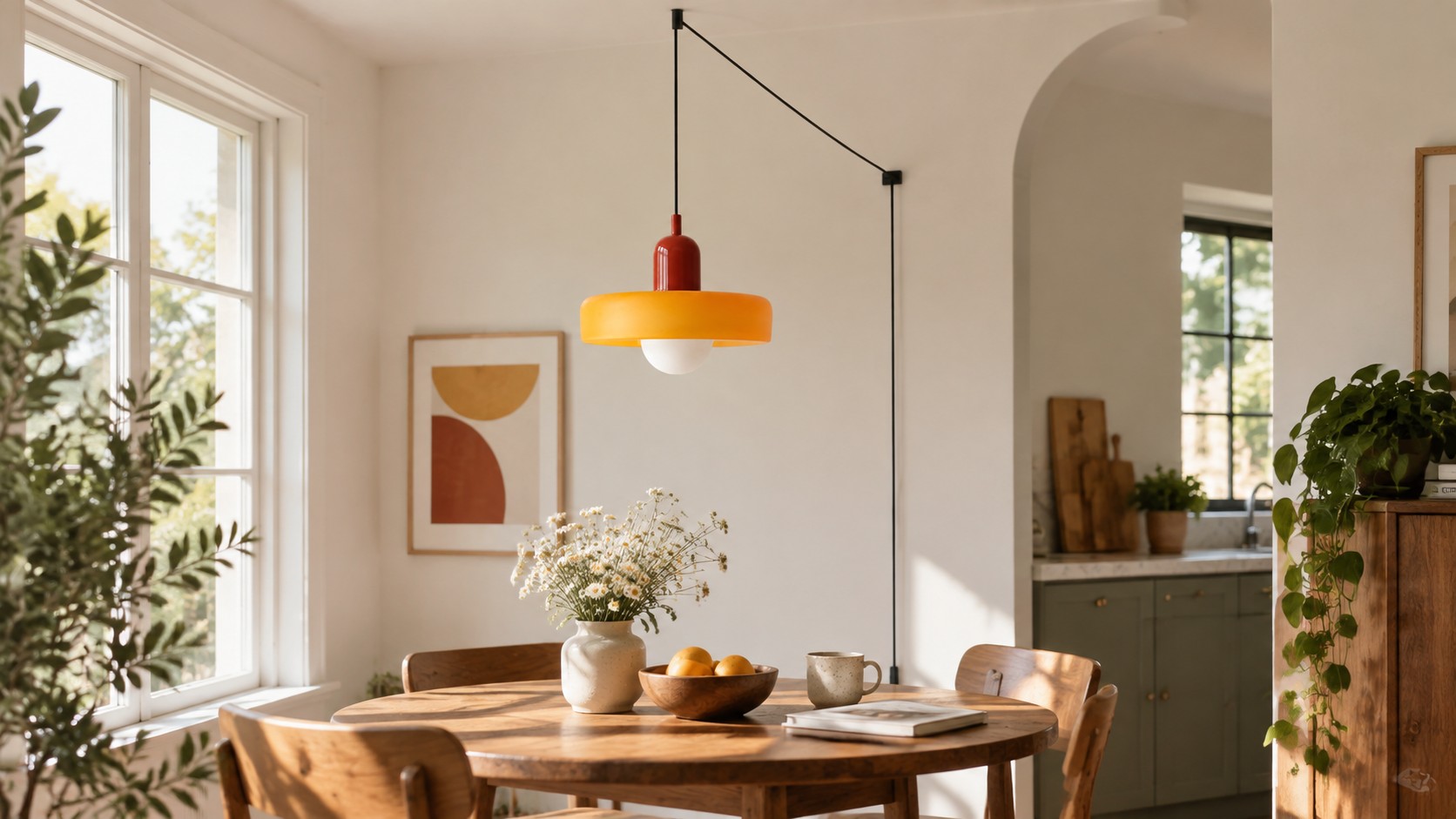 Colorful pendant above a dining table in daylight