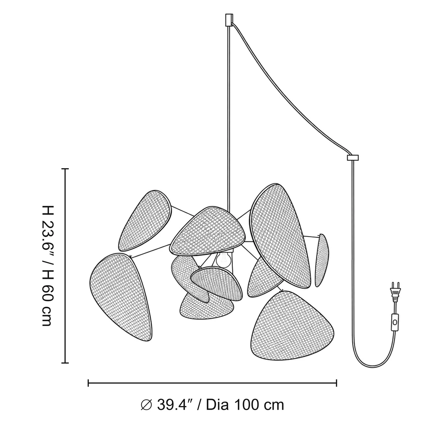 Size C diagram: diameter 39.4 inches by height 23.6 inches, or diameter 100 centimetres by height 60 centimetres