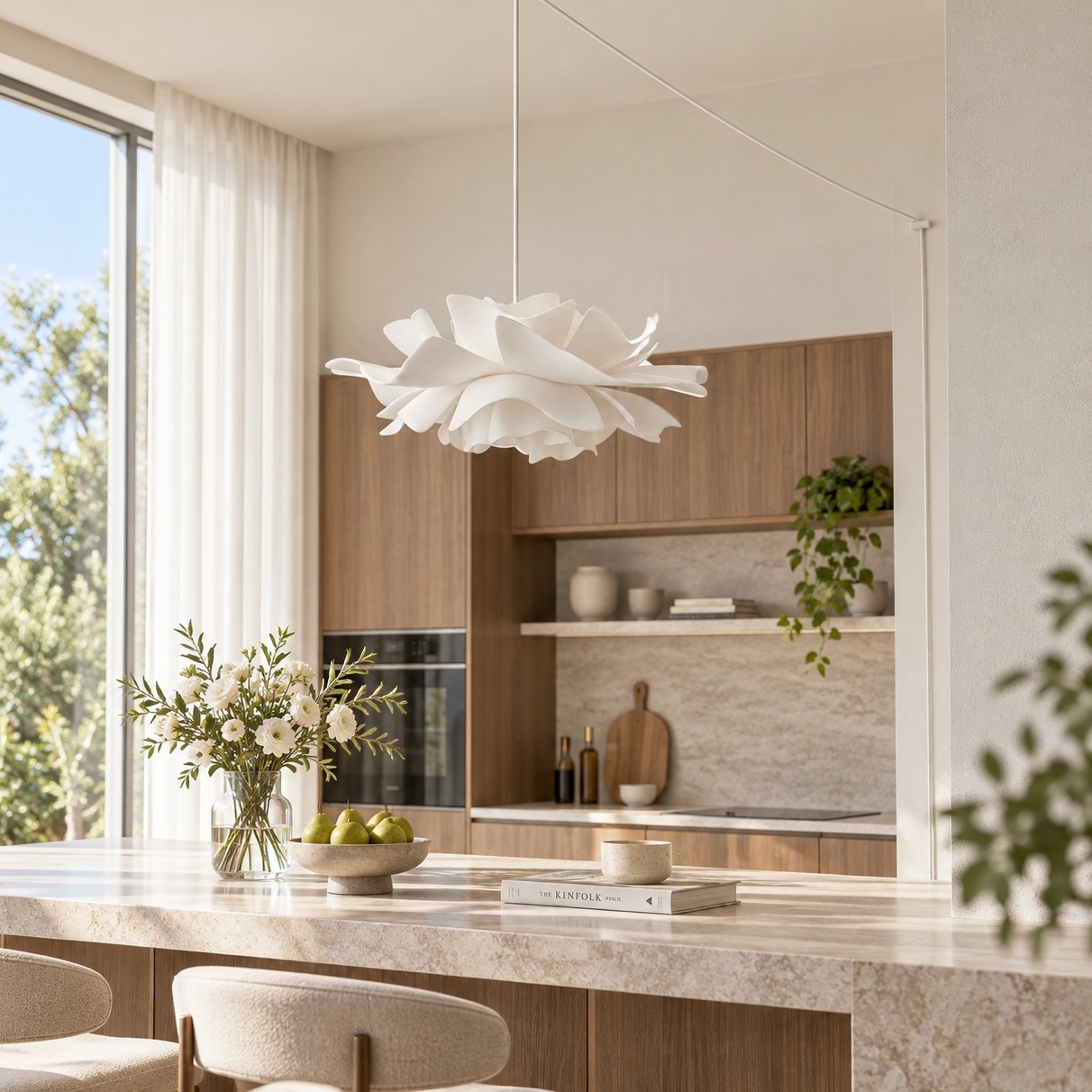White floral pendant light above a kitchen island
