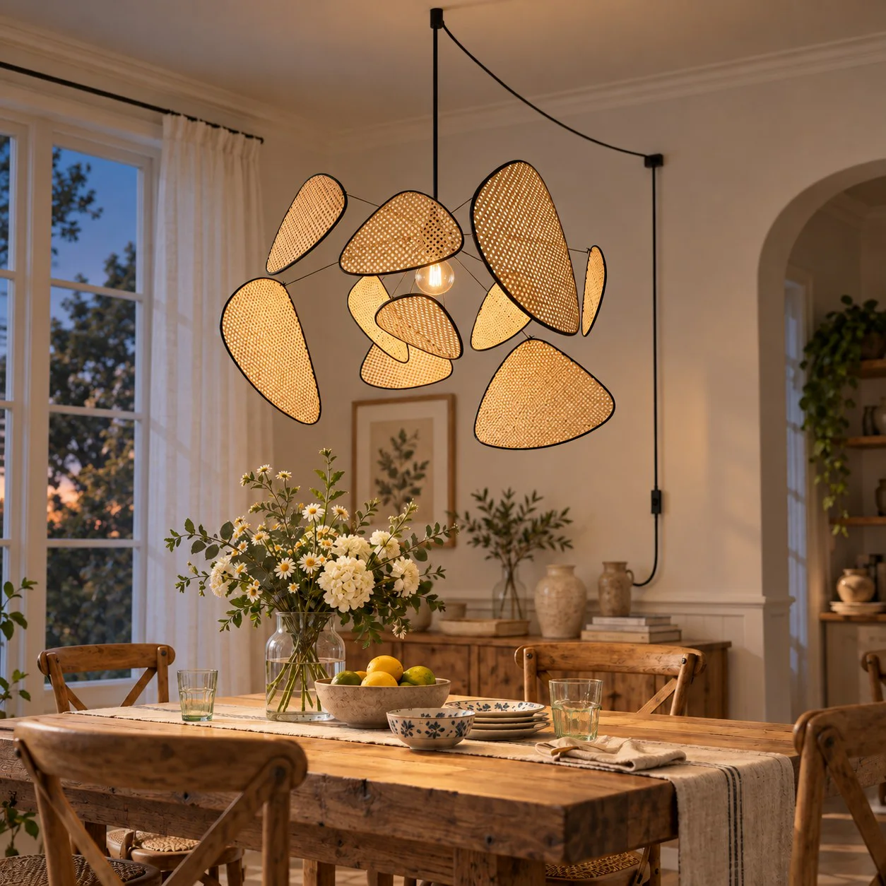 Layered bamboo chandelier illuminated in the same dining room