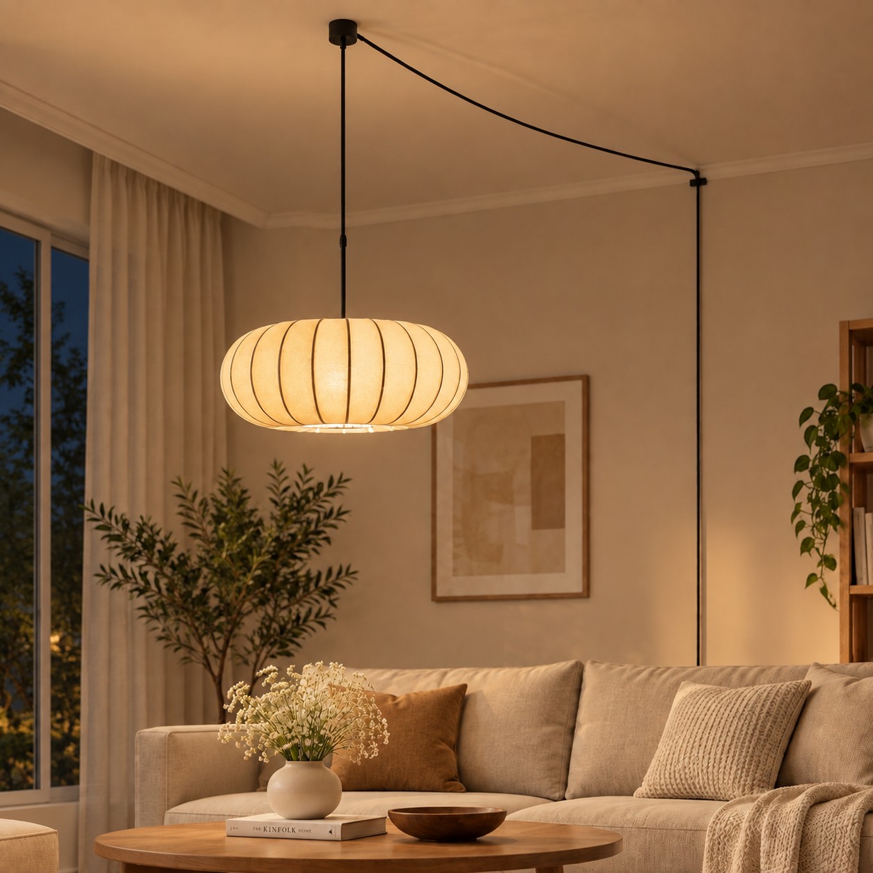 Plug-in pendant light glowing warmly at night