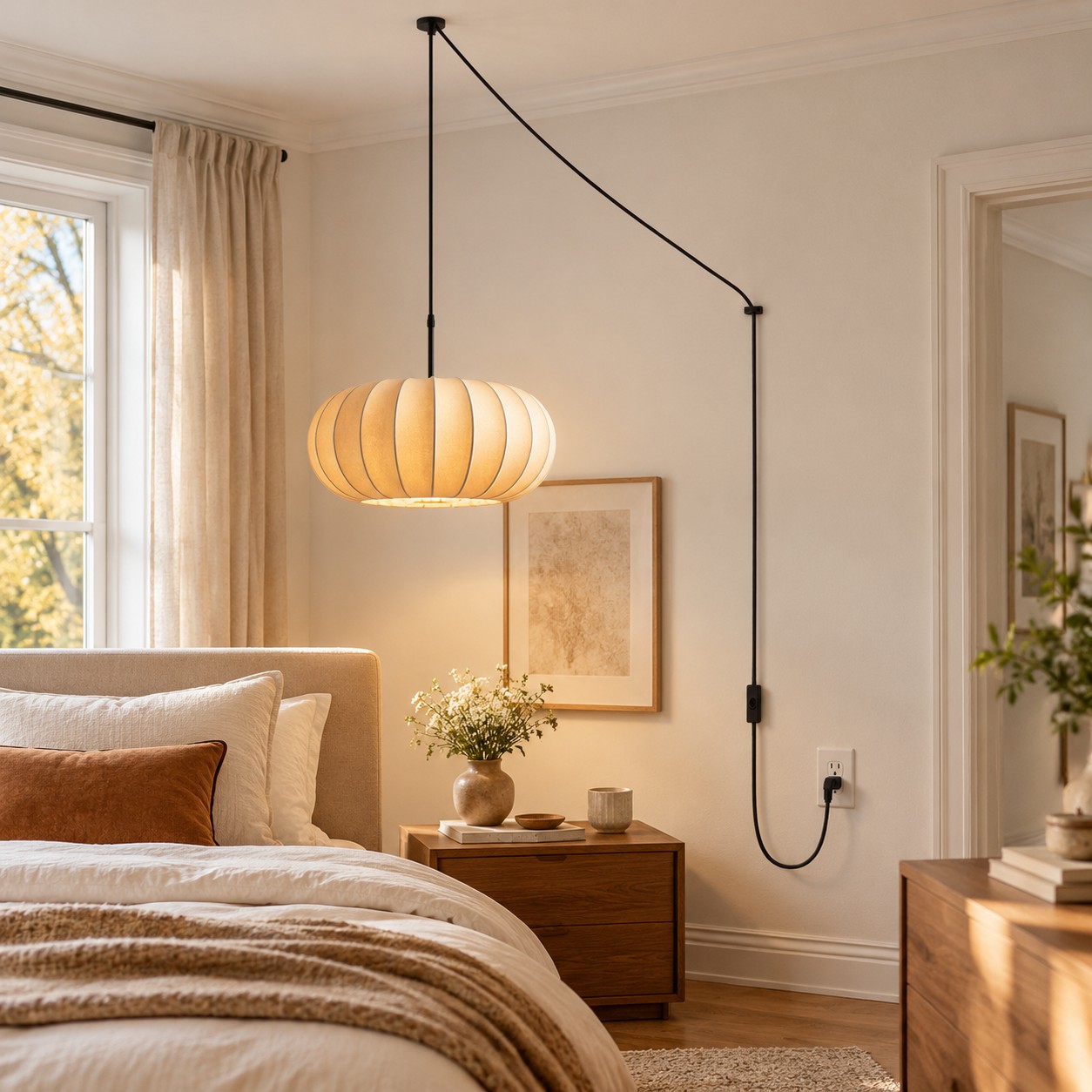 Plug-in pendant light creating a soft glow beside a bed