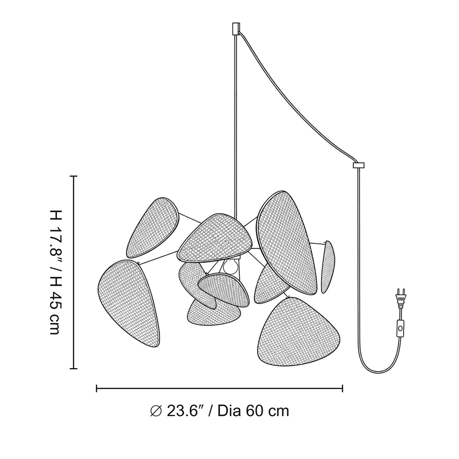 Size A diagram: diameter 23.6 inches by height 17.8 inches, or diameter 60 centimetres by height 45 centimetres