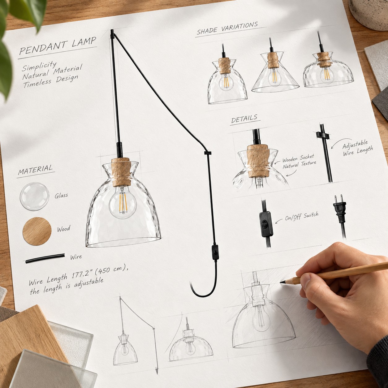 Design concept sheet showing three pendant silhouettes, materials and component sketches