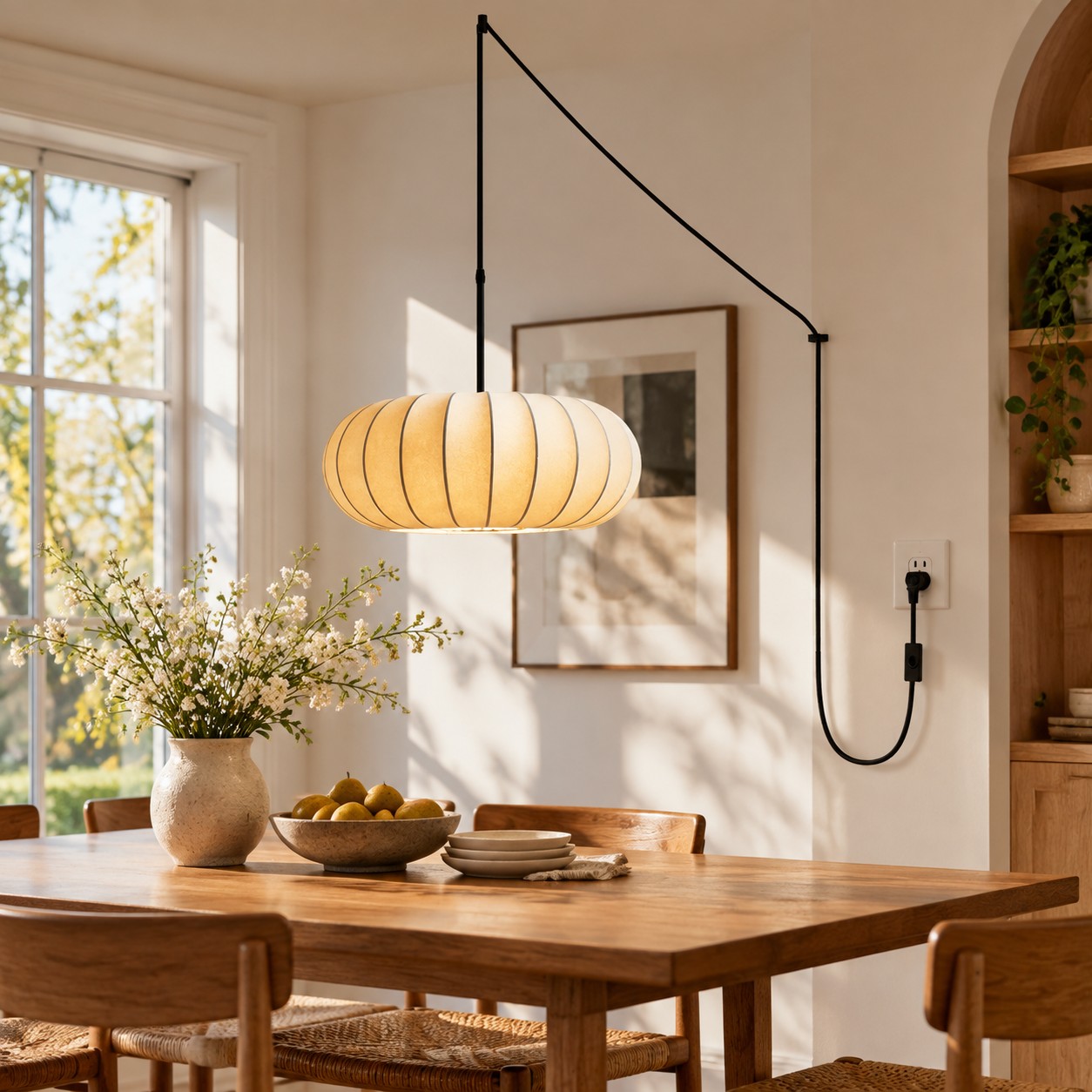 Plug-in pendant light above a wooden dining table