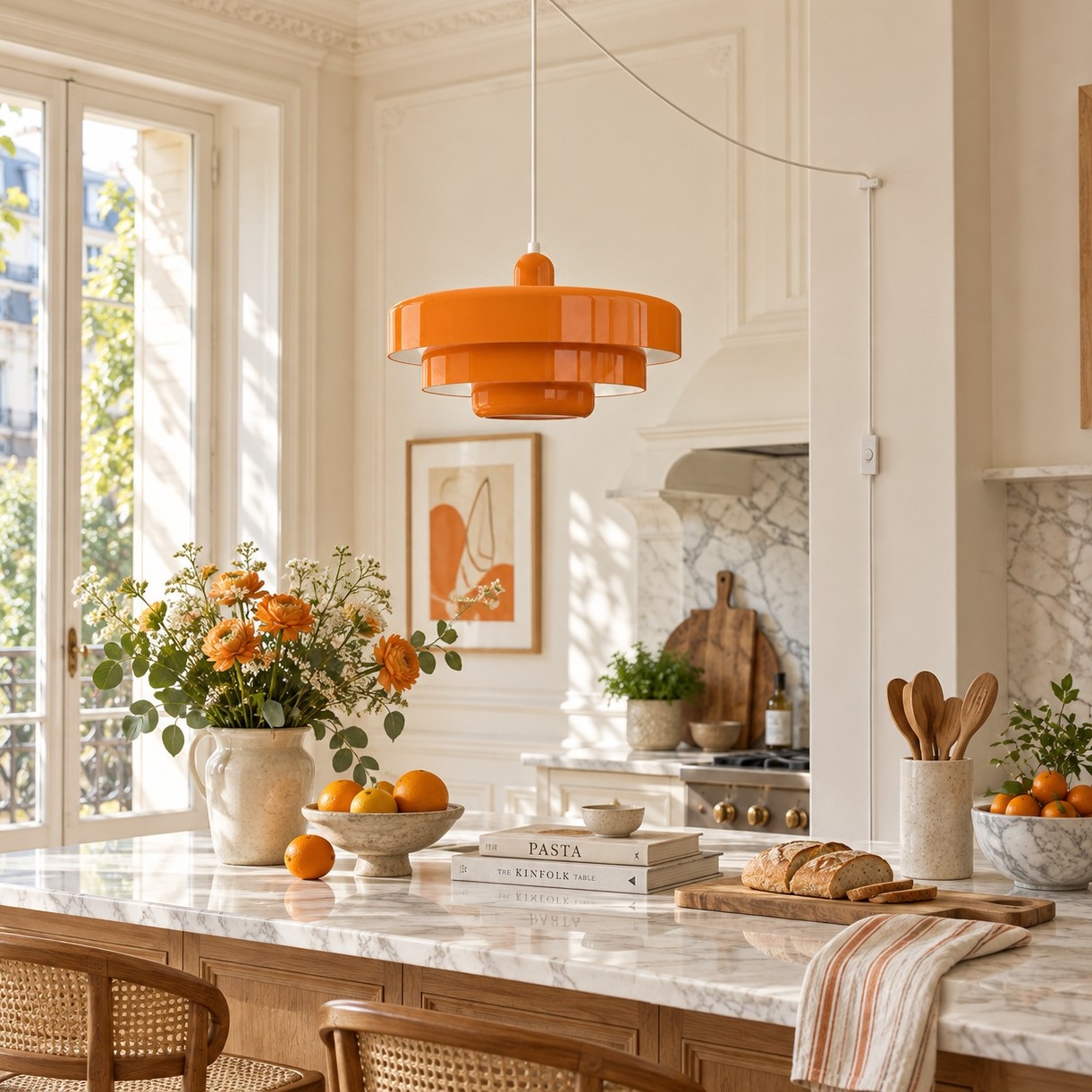 Orange pendant light above a marble kitchen island