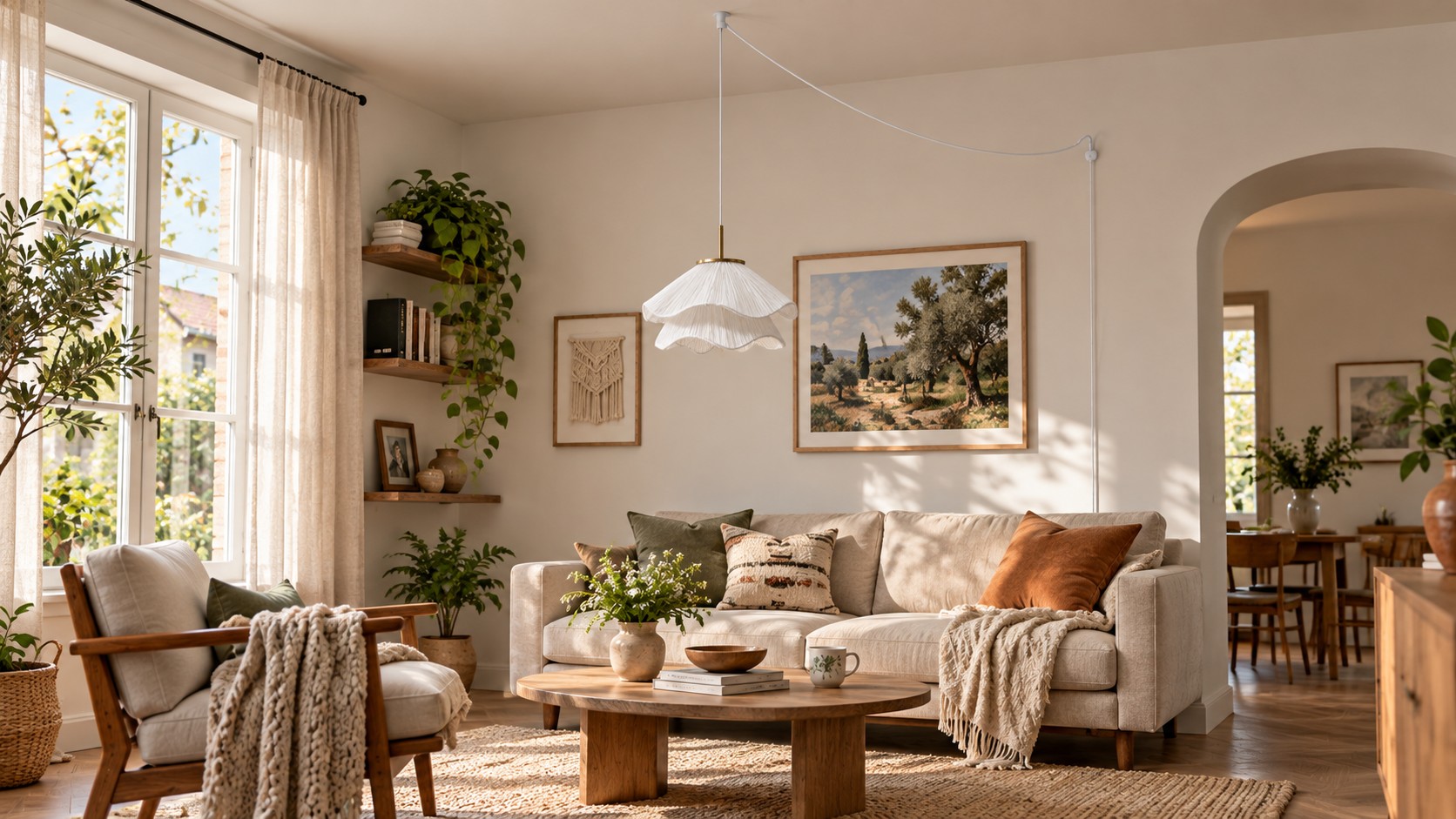 Ethereal Bloom plug-in pendant glowing over a living room coffee table