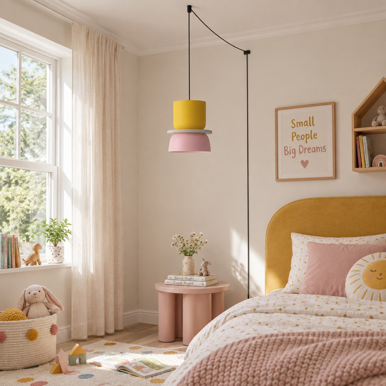 Yellow and pink Macri pendant beside a bed