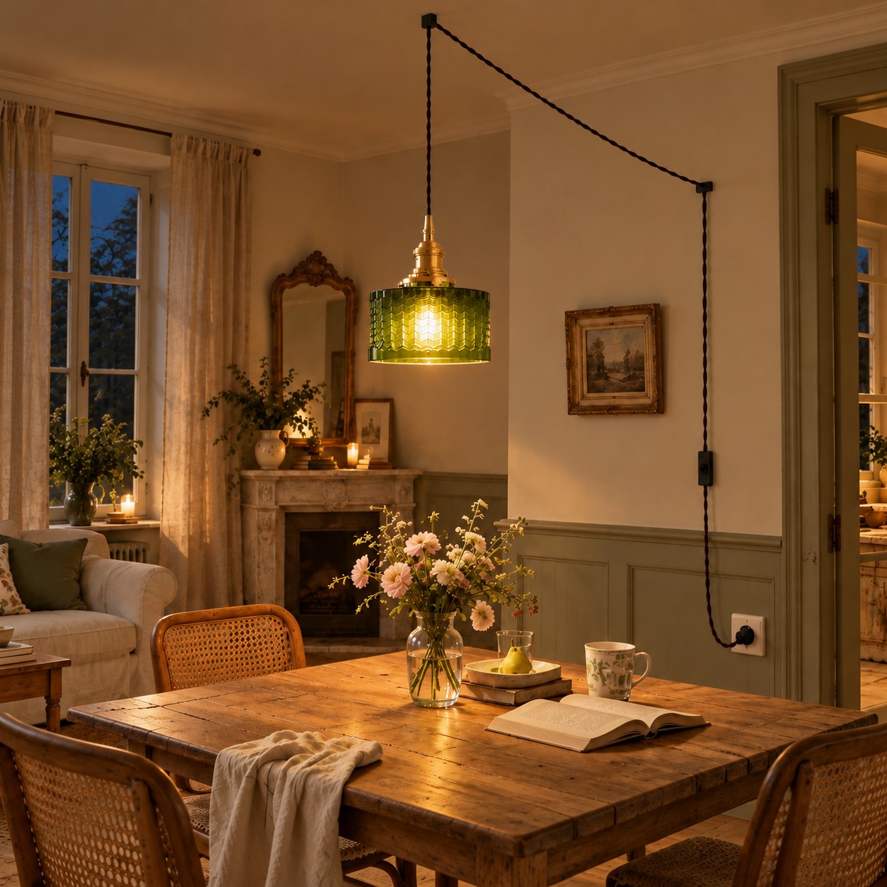 Cavella green glass pendant glowing above a warm evening dining table