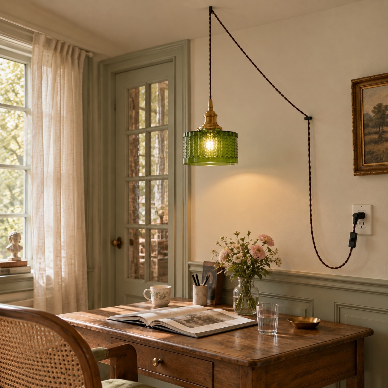 Cavella green glass pendant illuminated in a quiet evening reading corner