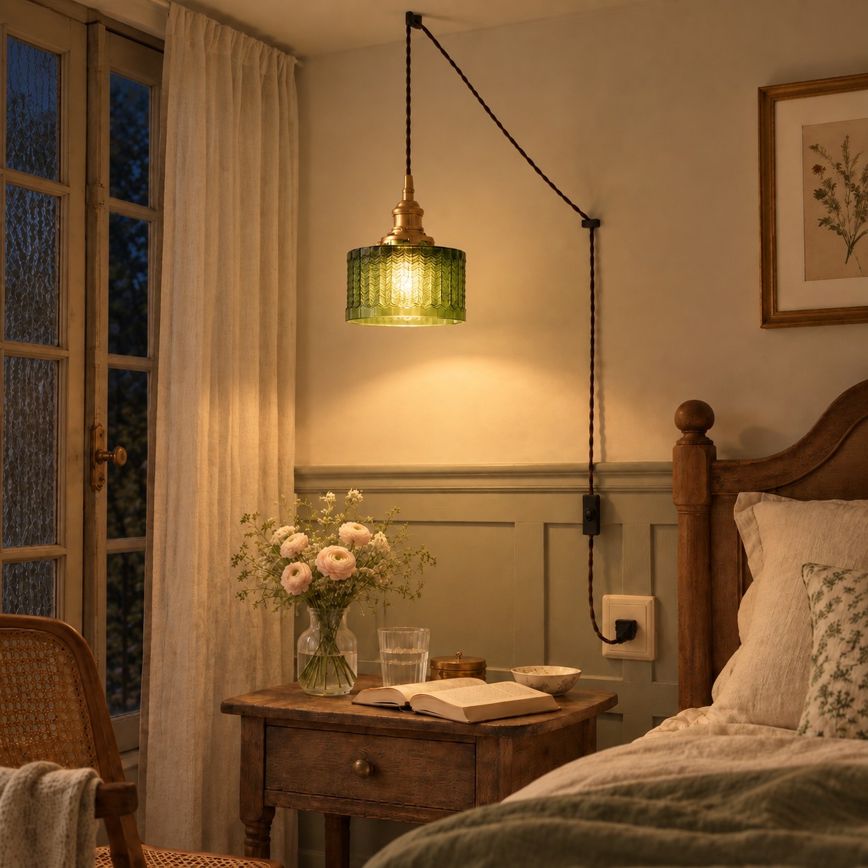 Cavella green glass pendant centered beside a softly styled bed in daylight