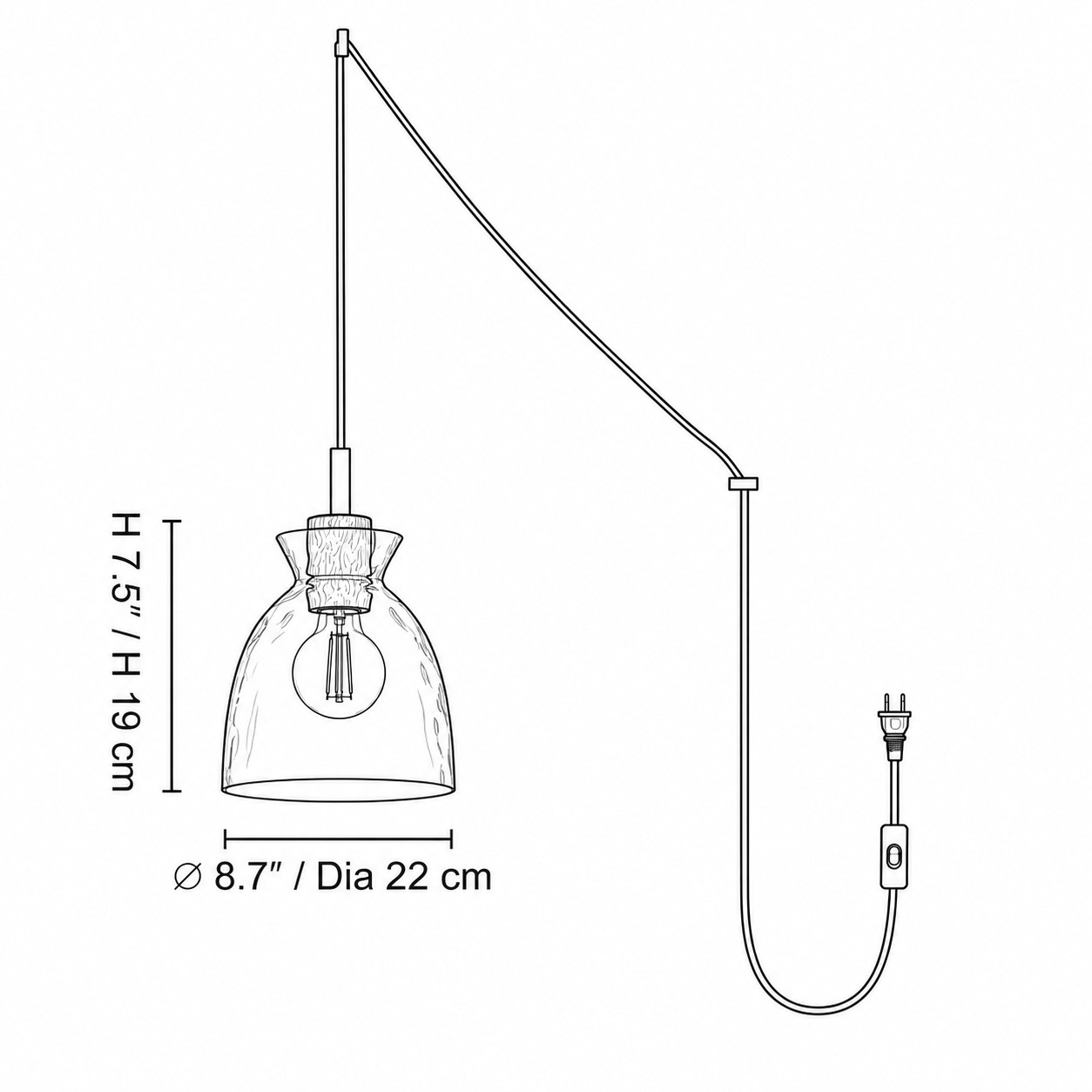 Style A dimension diagram: ∅ 8.7″ × H 7.5″ / D22 cm × H 19 cm