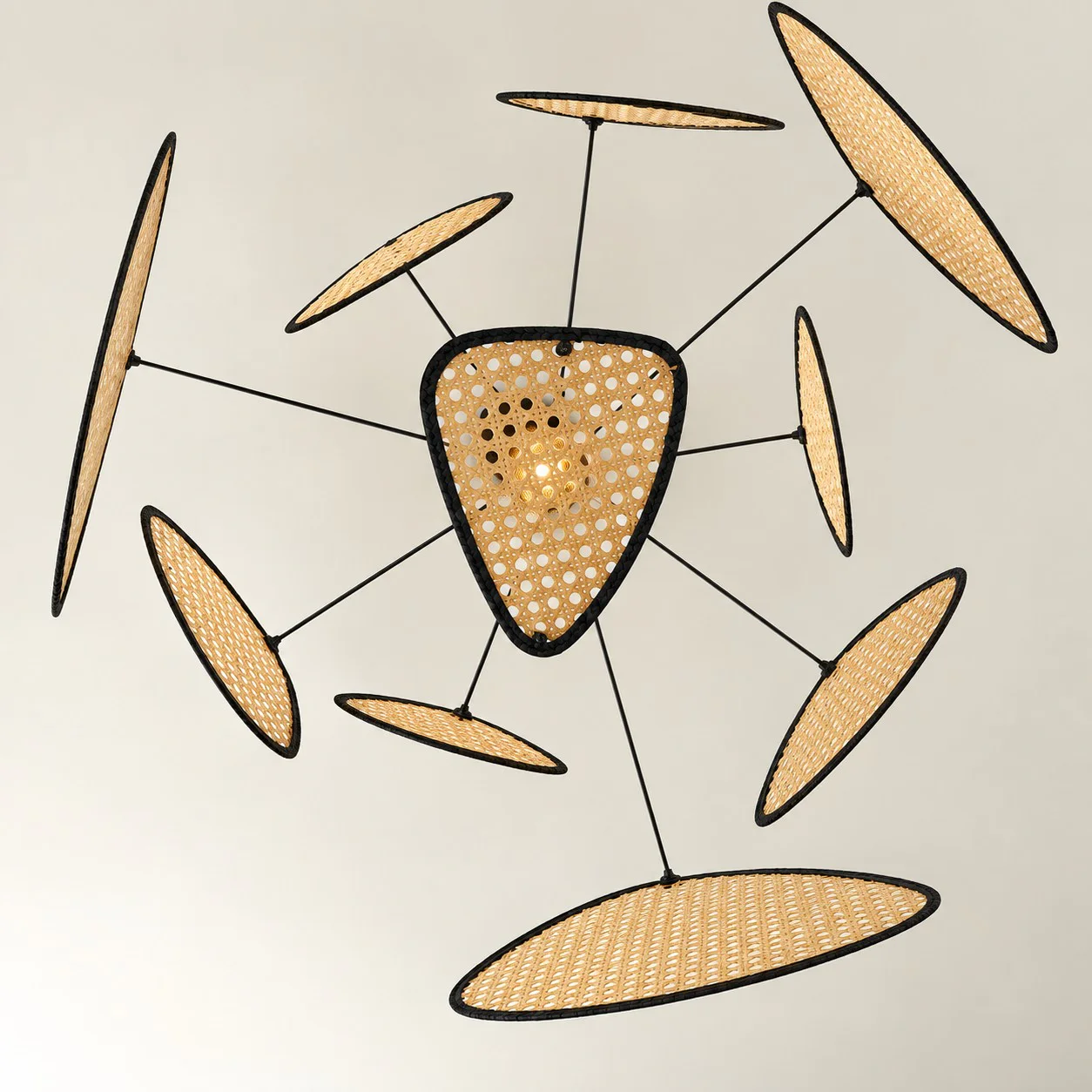 Upward view of the chandelier's layered screen arrangement