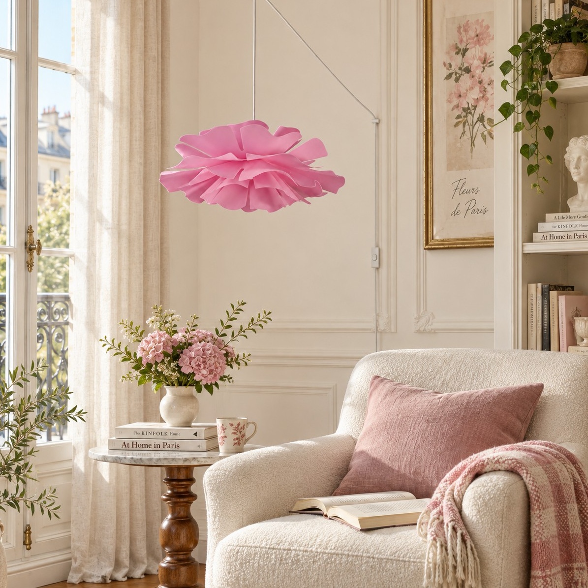 Pink floral pendant light in a soft living space