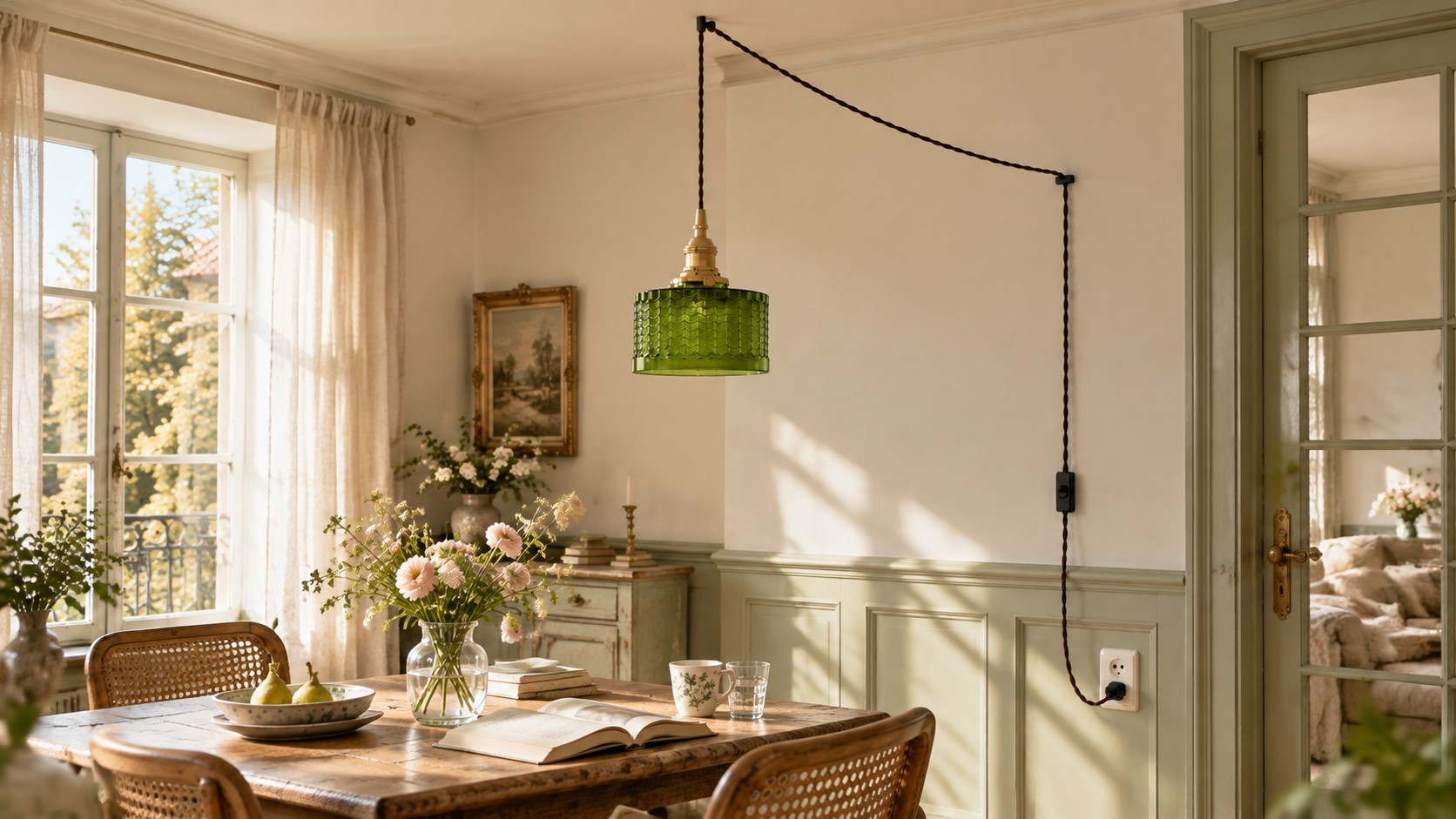 Cavella green glass pendant switched off in a bright living room