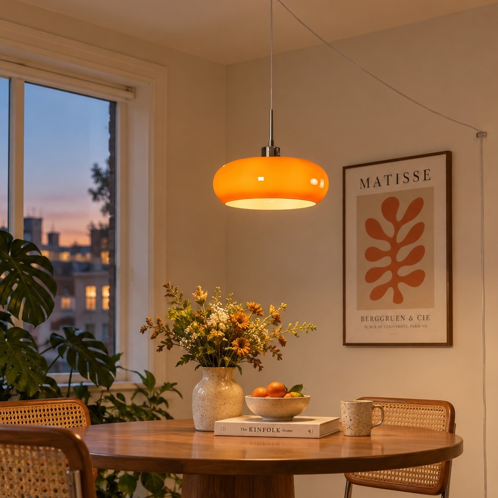 Orange Potivus pendant above a dining table