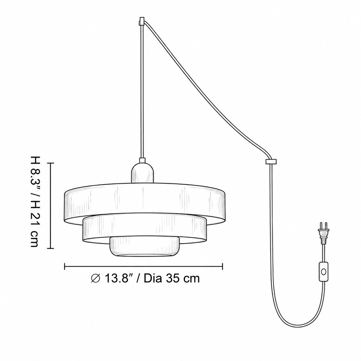 Pendant light dimension drawing with cord length and measurements