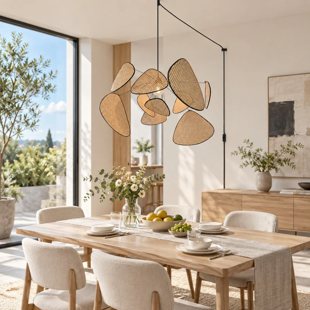 Layered bamboo chandelier above a bright dining table