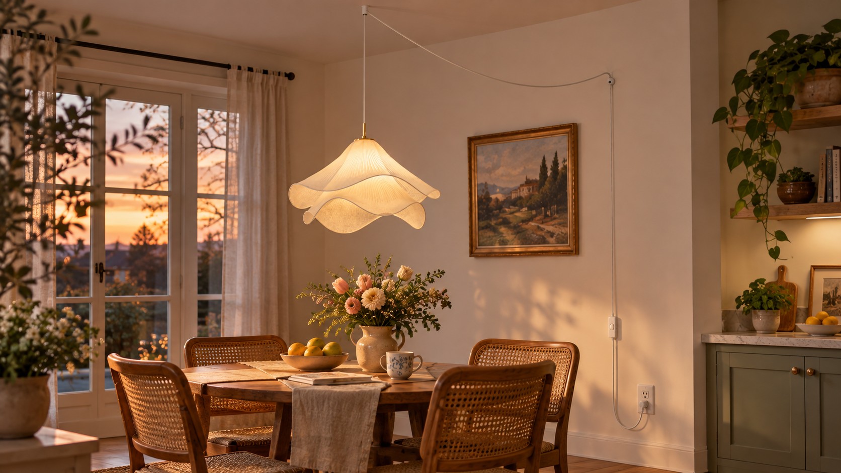 Ethereal Bloom plug-in pendant with cord to the wall