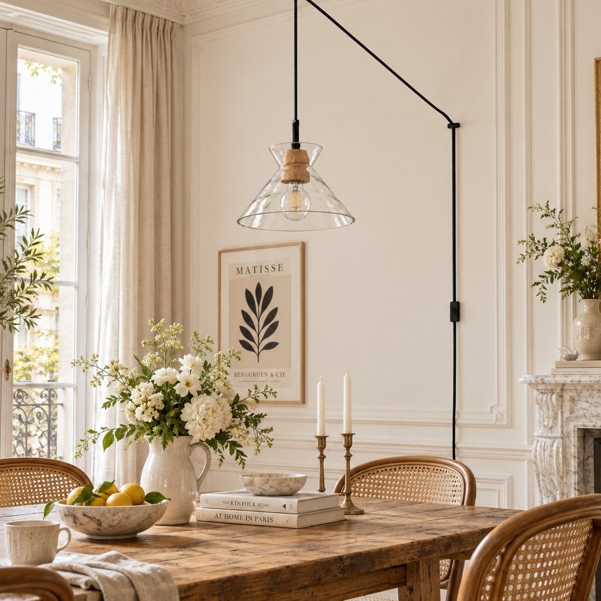 Style B pendant switched off above a dining table in daylight