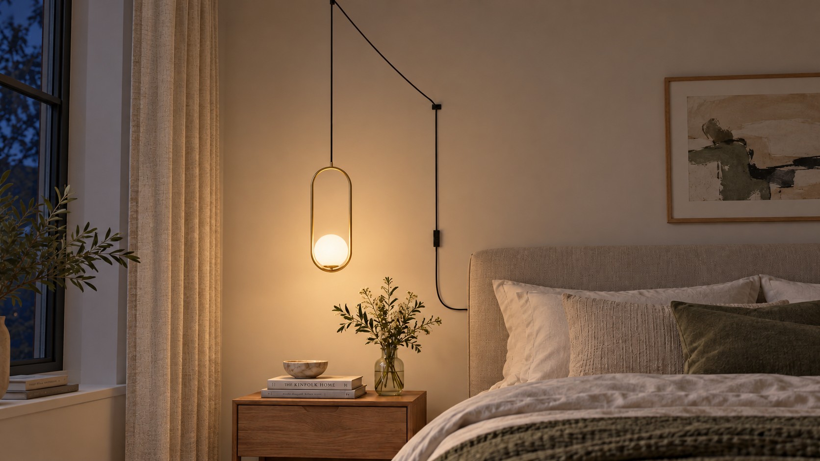 Glass sphere pendant casting a warm glow in the bedroom