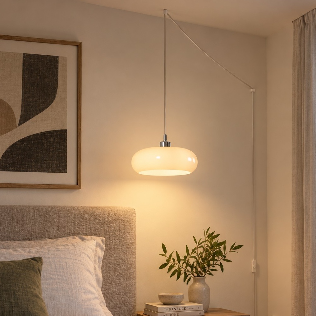 White Potivus pendant beside a bed