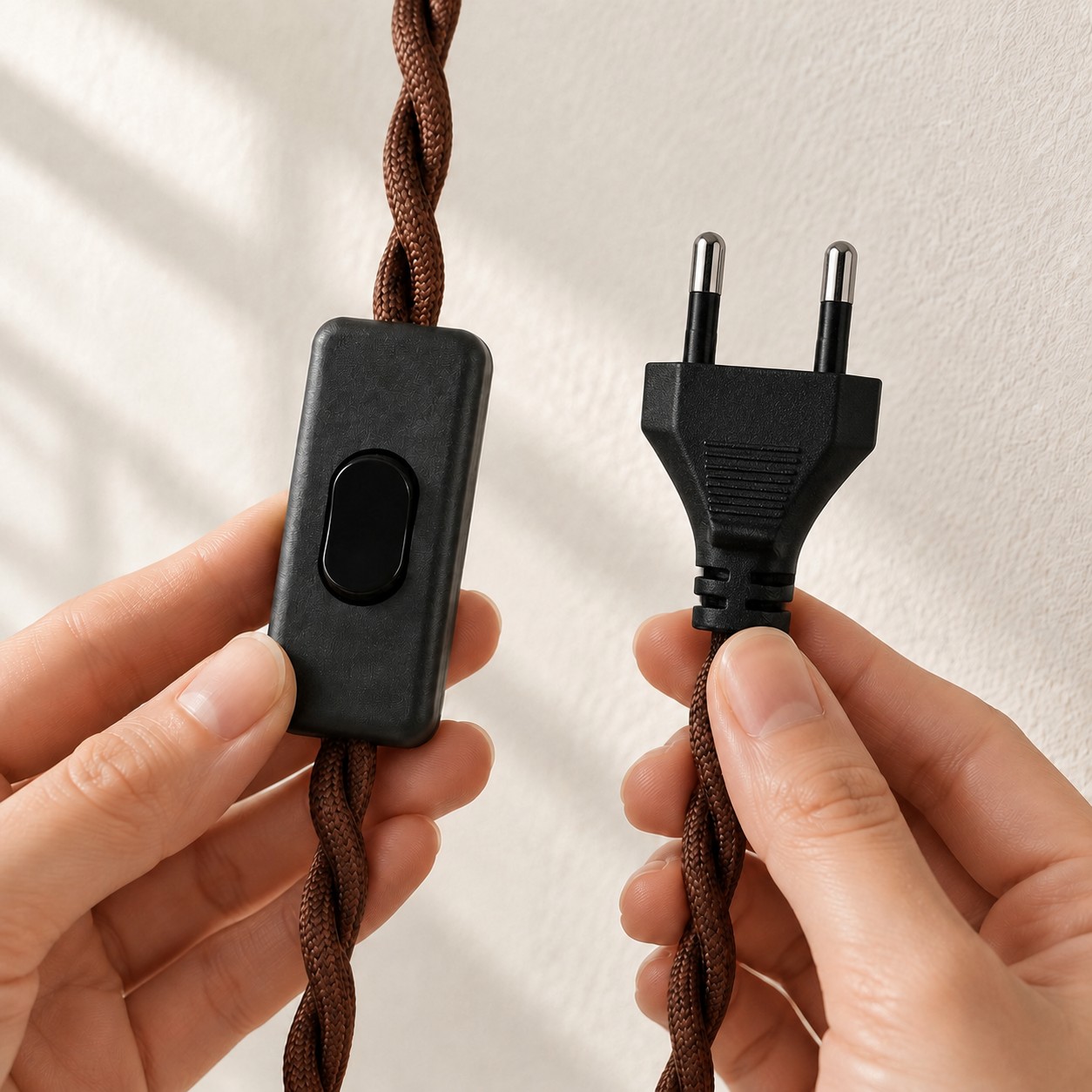EU two-pin plug and in-line switch on the brown braided cord