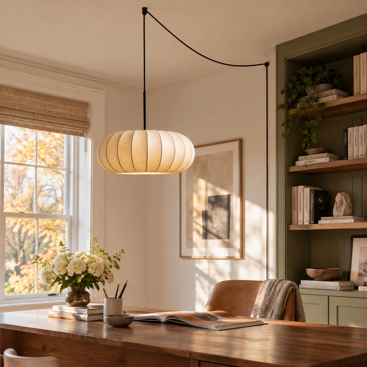 Plug-in pendant light illuminating a warm home study