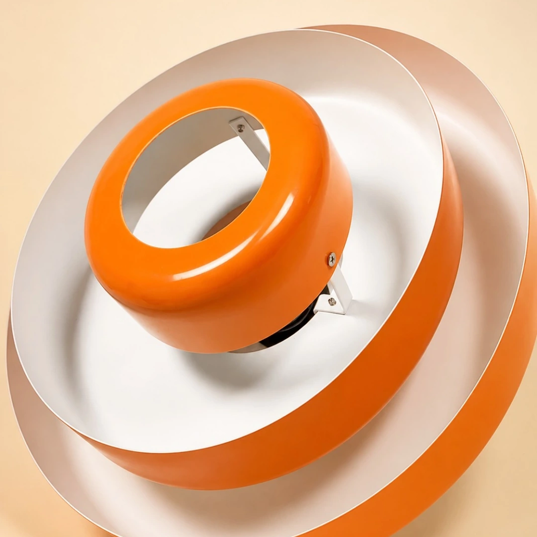 Underside view of the pendant's concentric shade construction