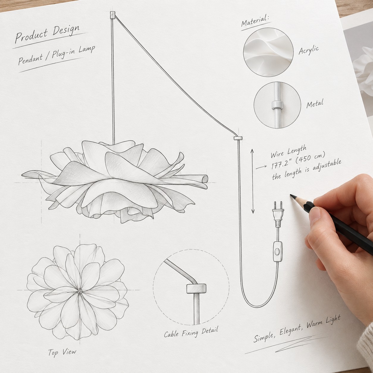 Product design drawing showing acrylic petals, metal structure and adjustable cord