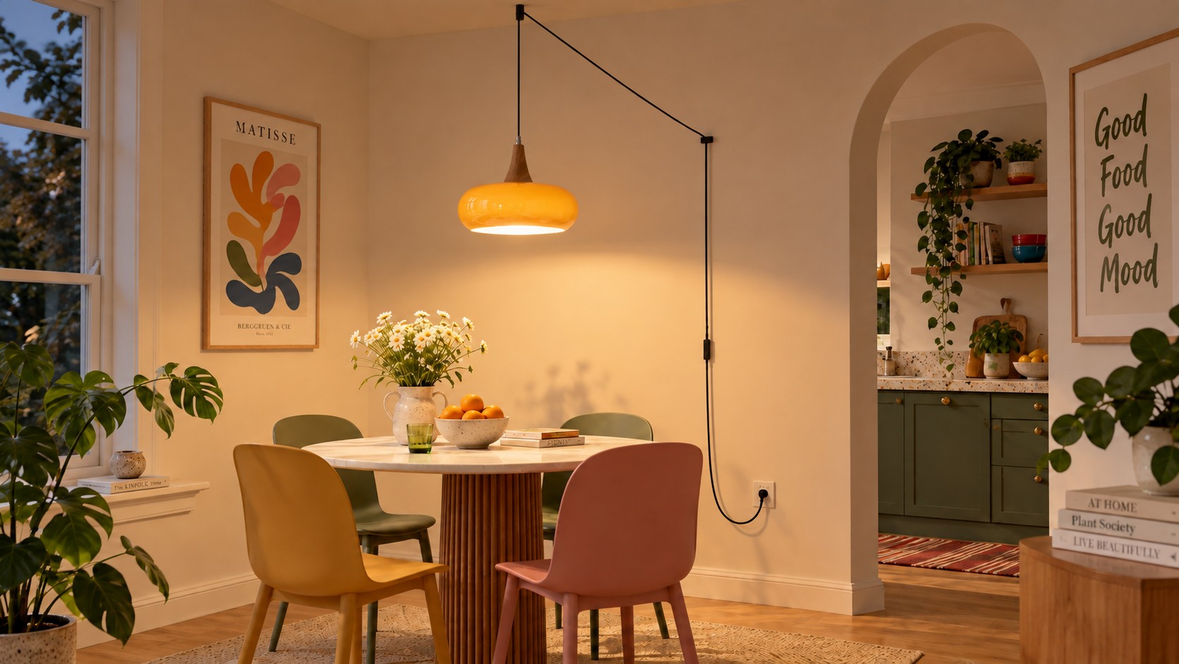 Glass wood plug-in pendant glowing over a dining table