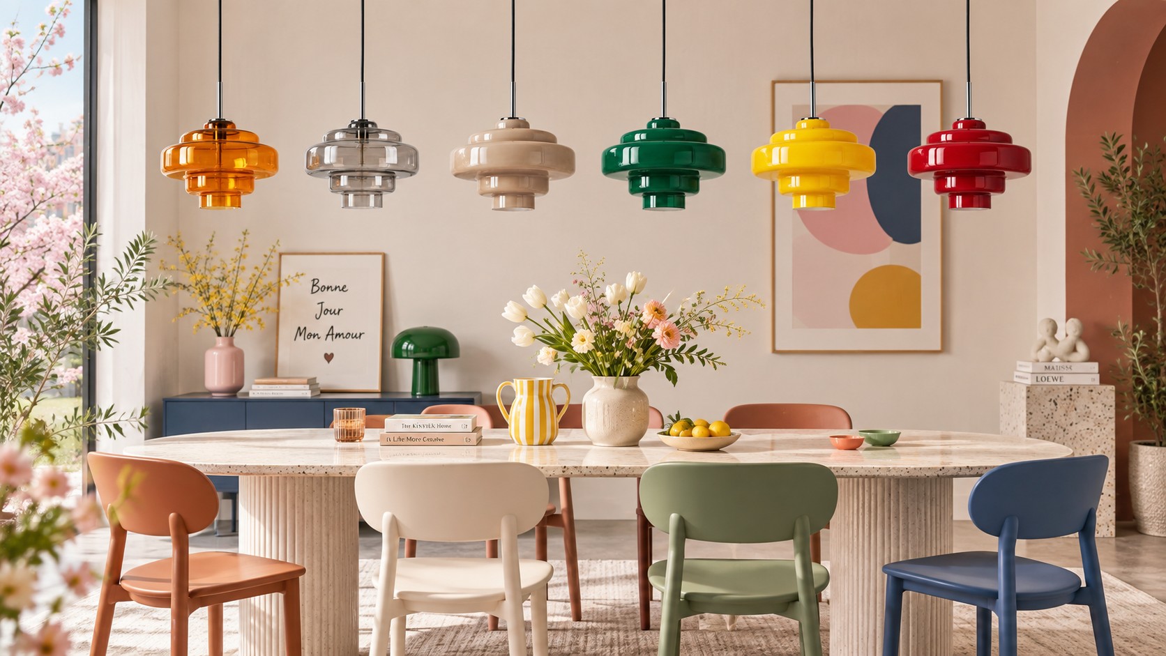 Koloro Millie glass pendants in twelve color finishes, lineup view two