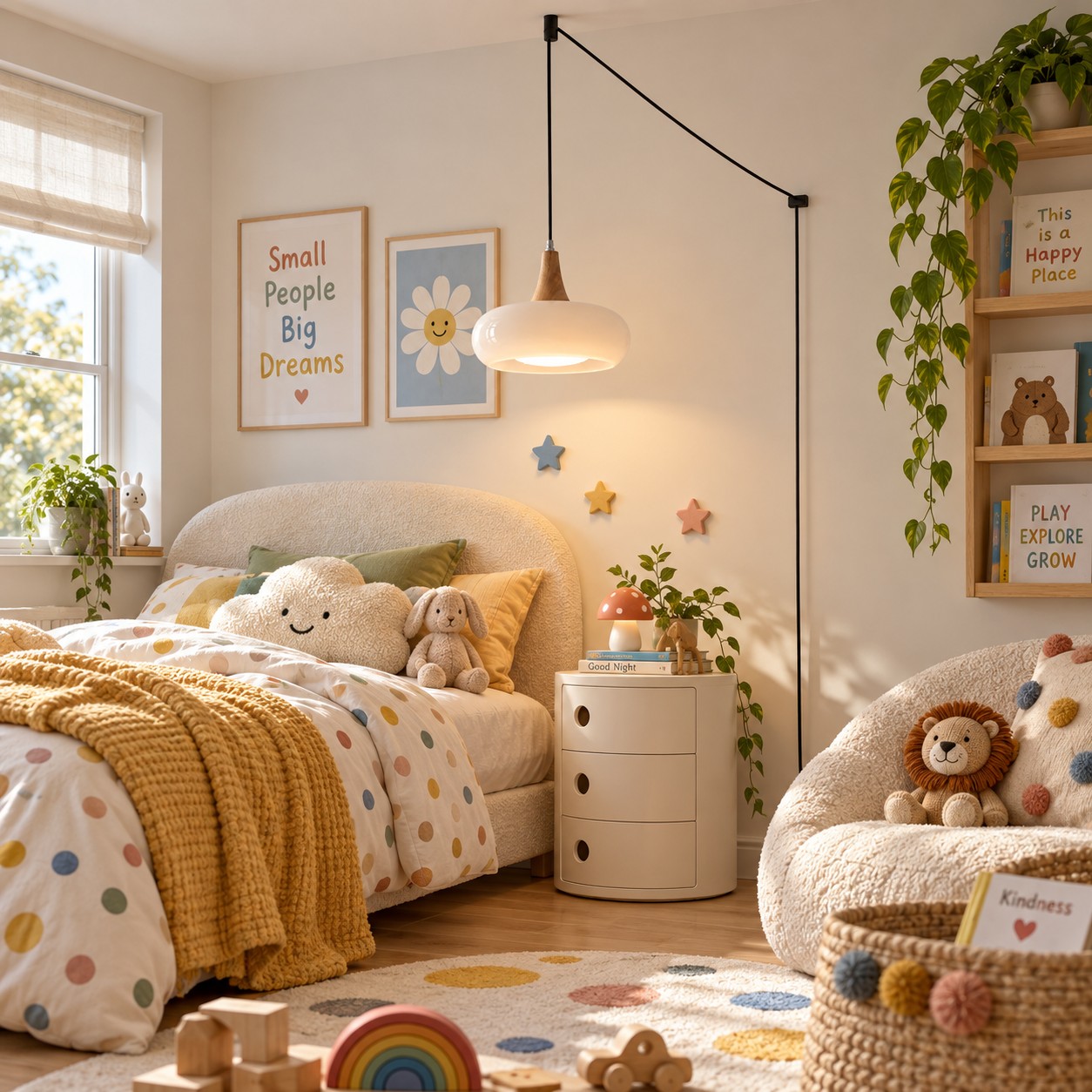 White glass wood pendant beside a child's bed