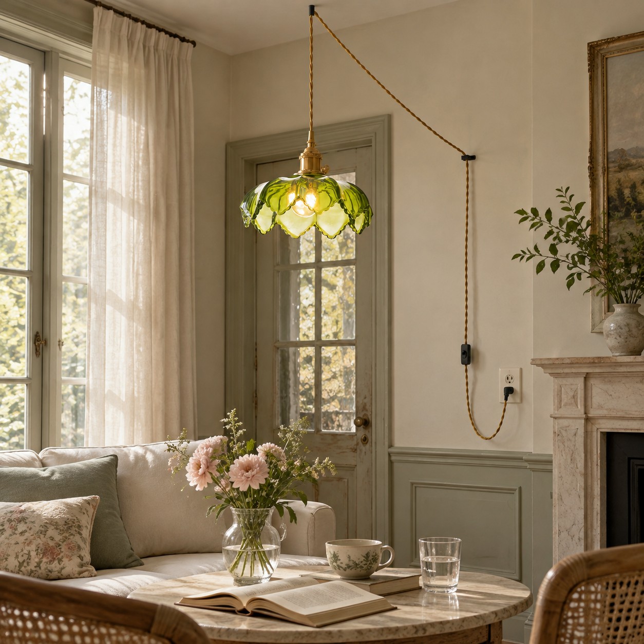 Green flower glass pendant in a bright living corner