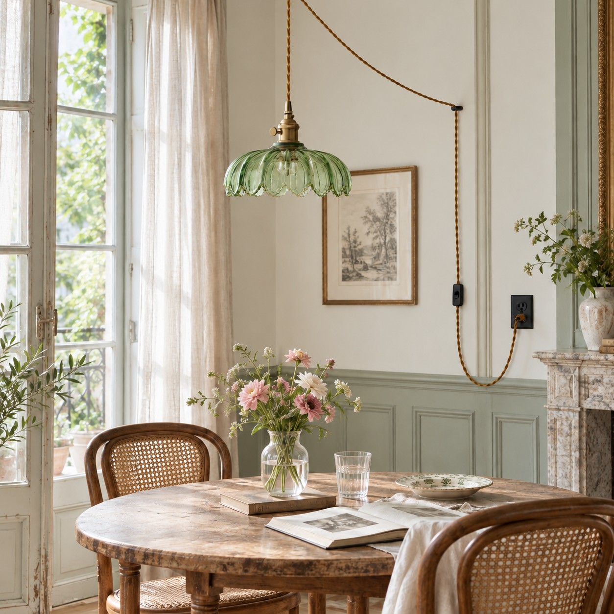 Green flower glass pendant in a dining room
