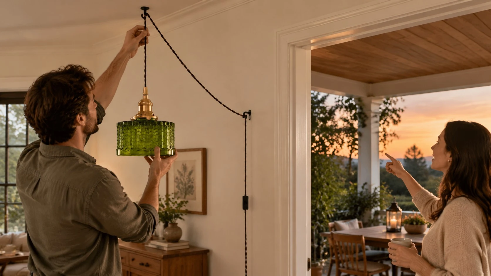 Two people relocating the Cavella pendant from an interior ceiling hook toward a covered patio at dusk