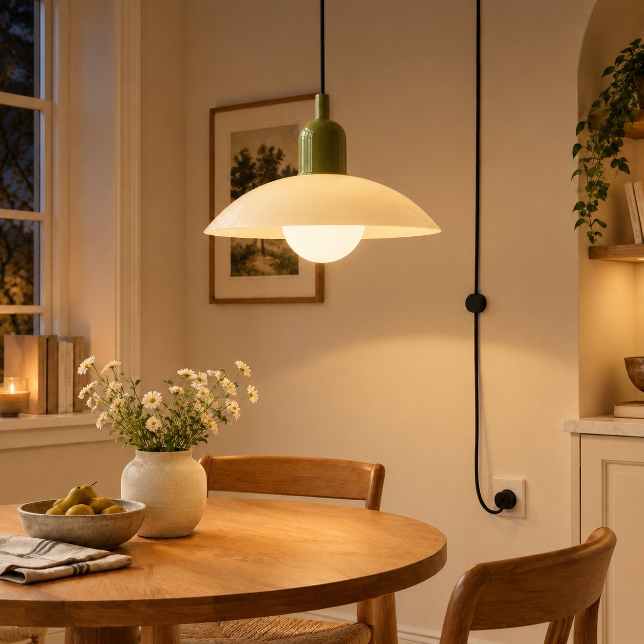 Mid Century Bauhaus plug-in pendant light switched on