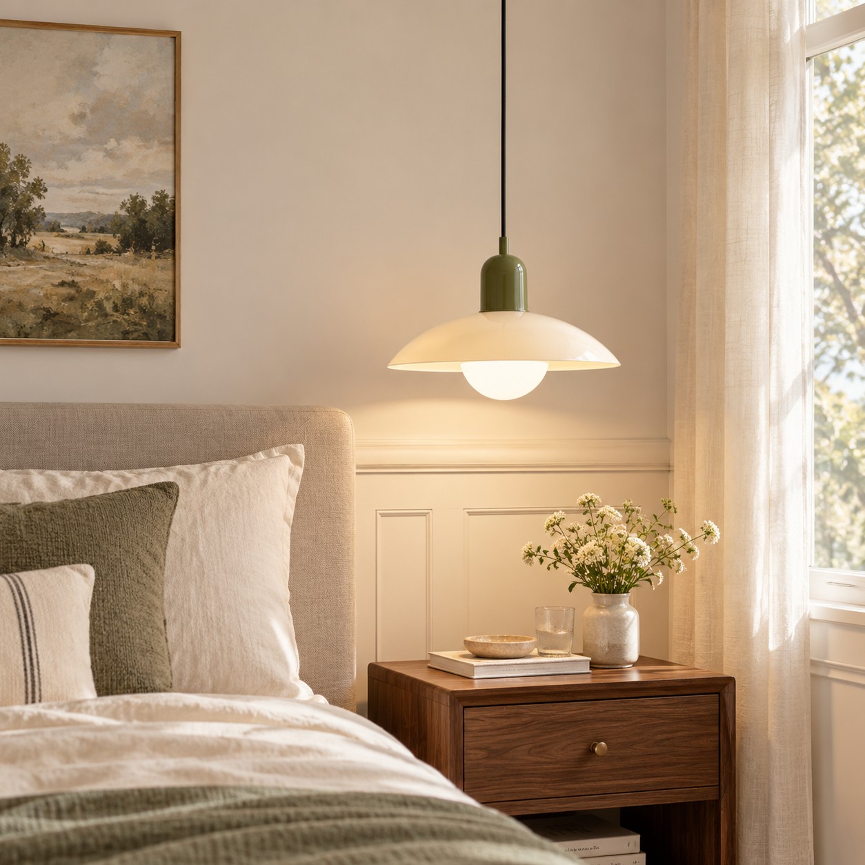Mid Century Bauhaus plug-in pendant light beside a bed