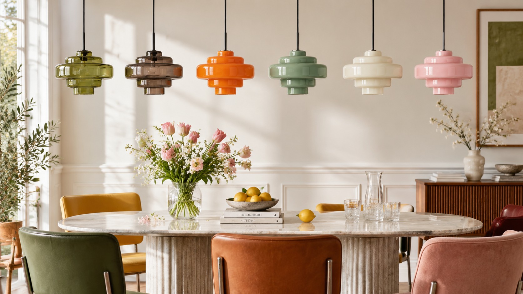 Koloro Millie glass pendants in twelve color finishes, lineup view one