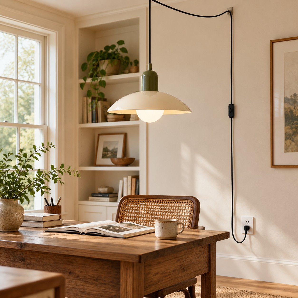 Mid Century Bauhaus plug-in pendant light in a home study