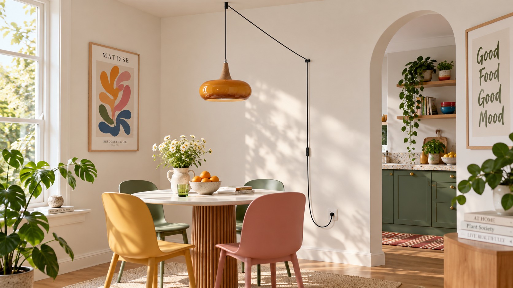 Glass wood plug-in pendant over a dining table, ambient view