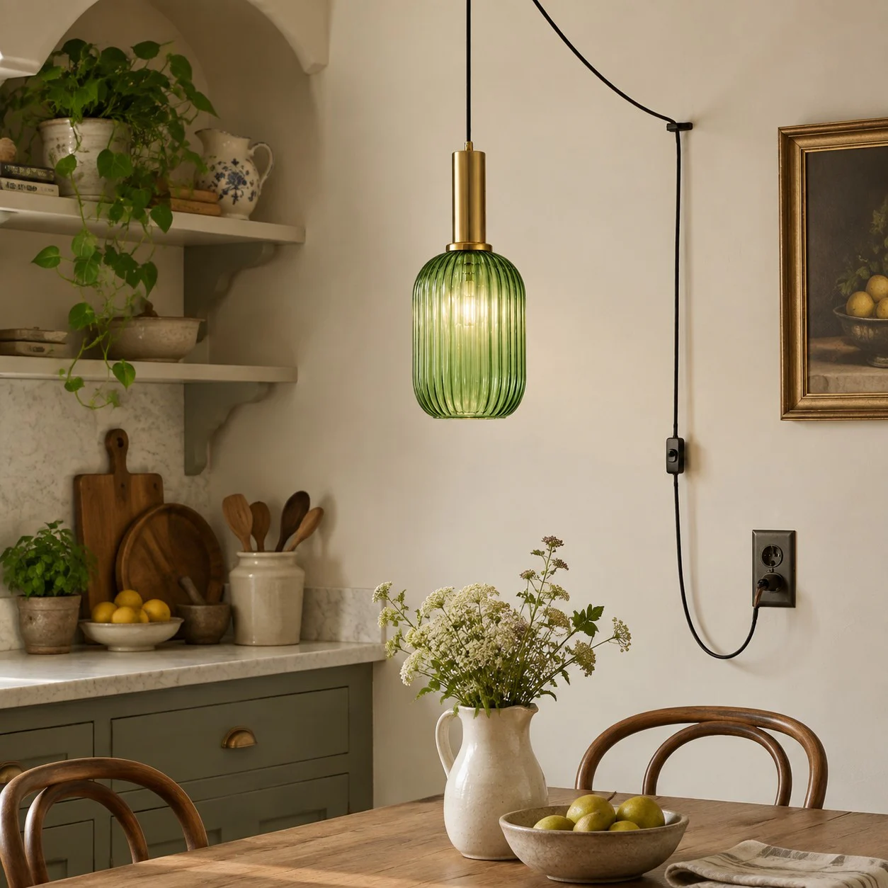 Dining table with retro glass plug-in pendant light