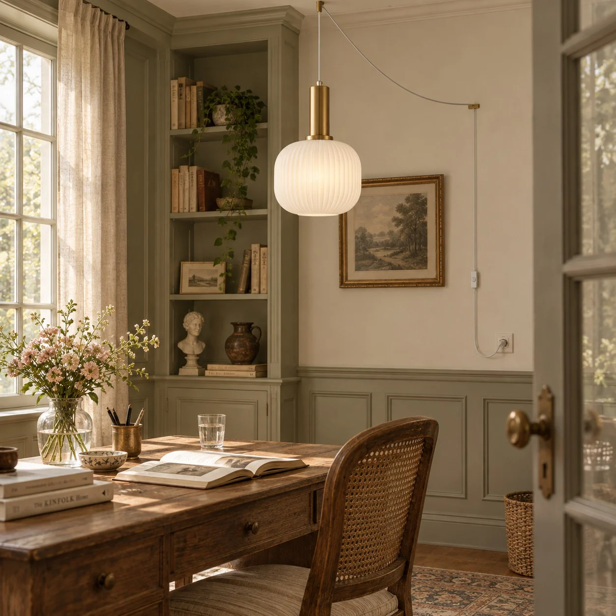 Reading corner with retro glass plug-in pendant light