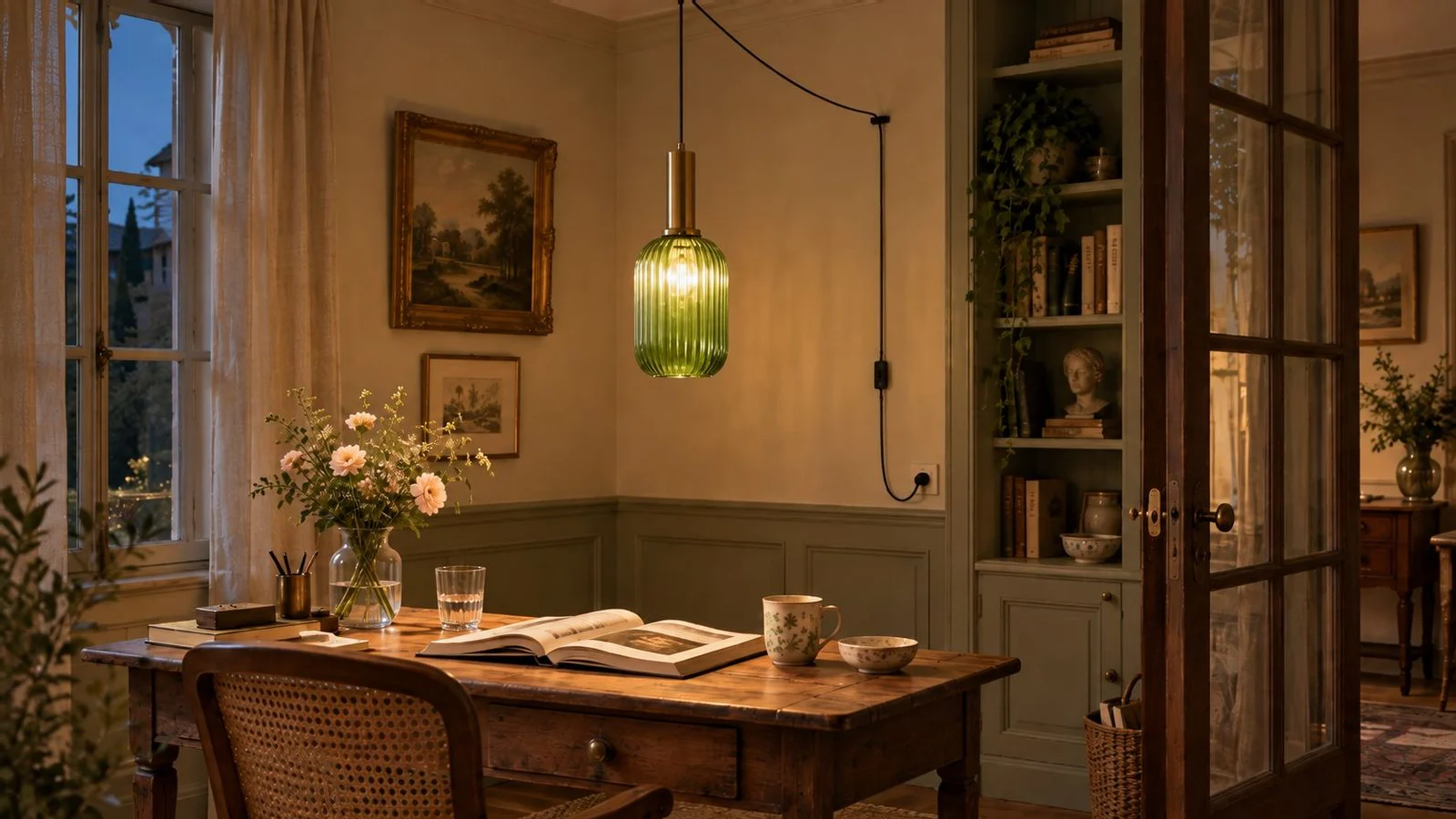 Green ribbed glass plug-in pendant light switched on