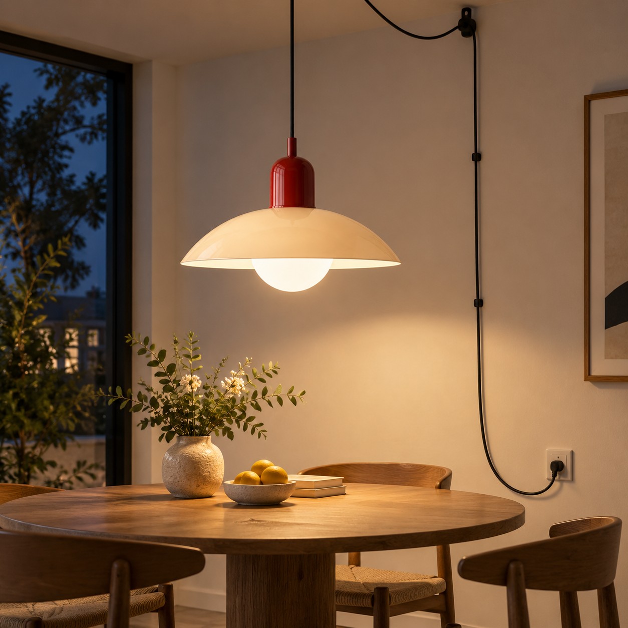 Mid Century Bauhaus plug-in pendant light in a flexible home setting