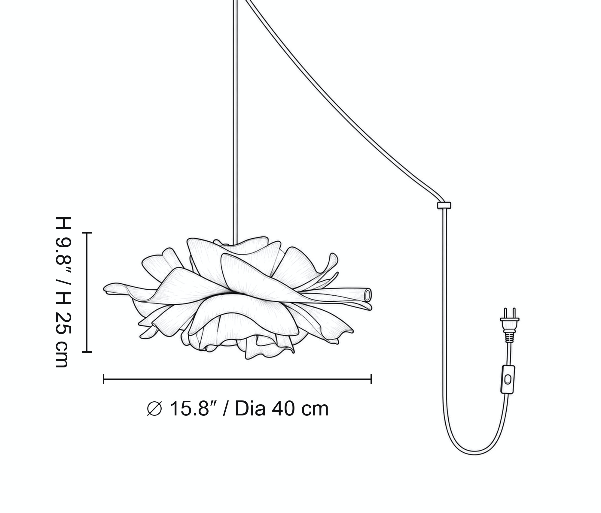Disegno quotato per lampada a sospensione floreale di 40 cm di diametro