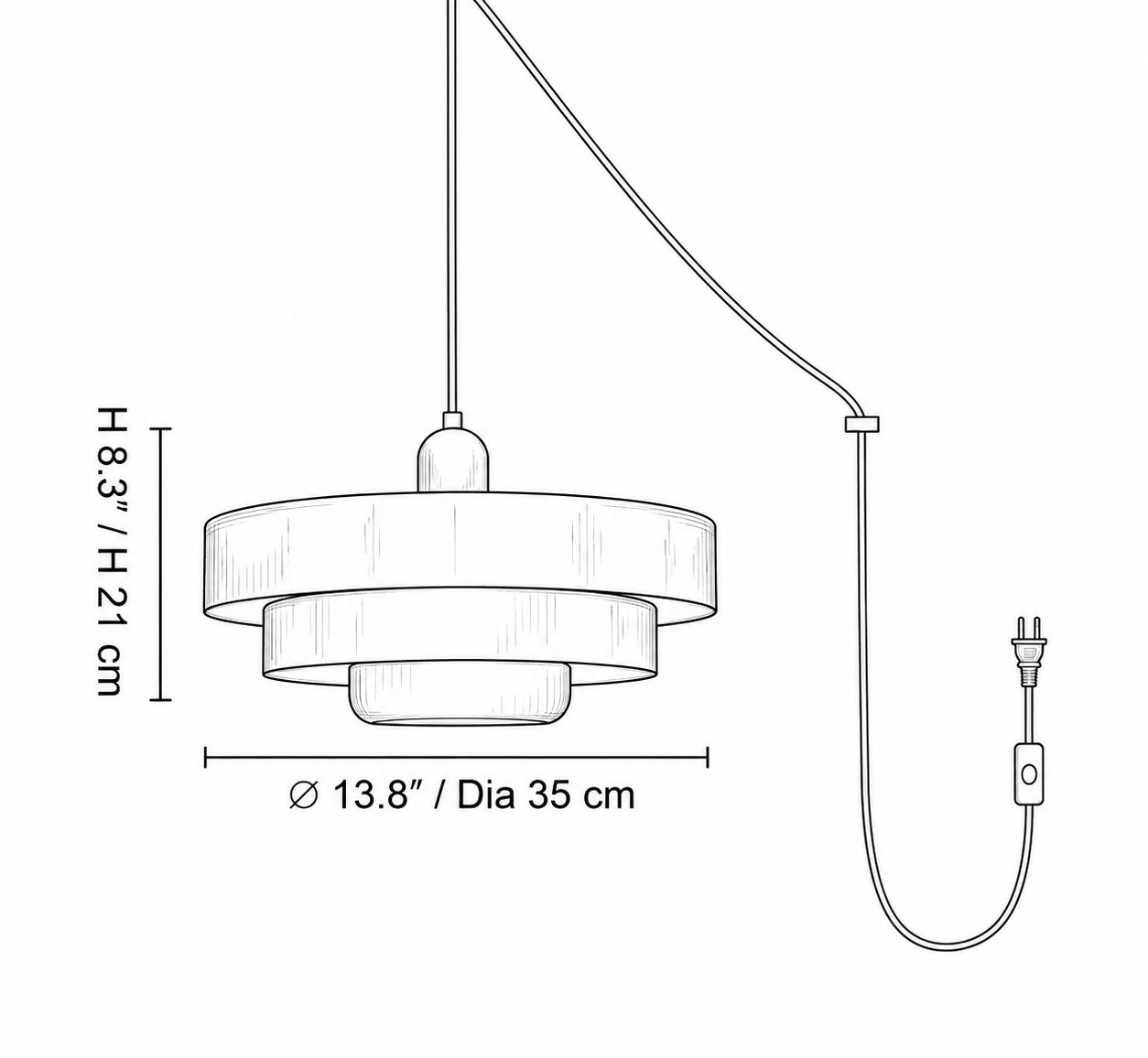 Schéma des dimensions de la suspension avec longueur de câble et mesures
