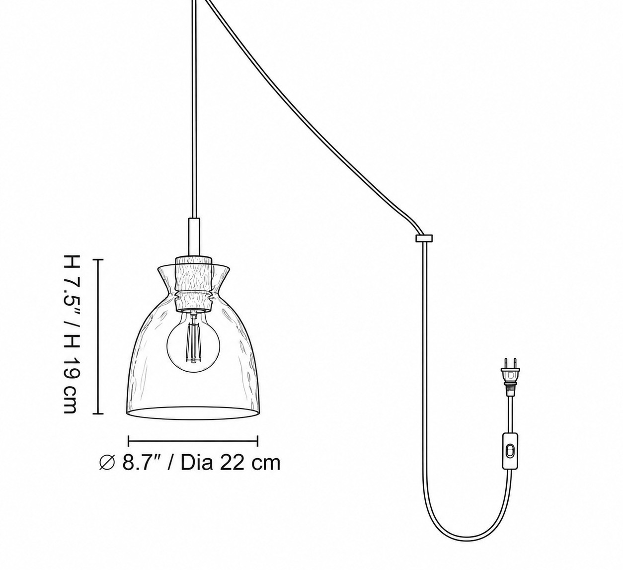 Maßdiagramm Ausführung A: ∅ 8,7″ × H 7,5″ / D22 cm × H 19 cm