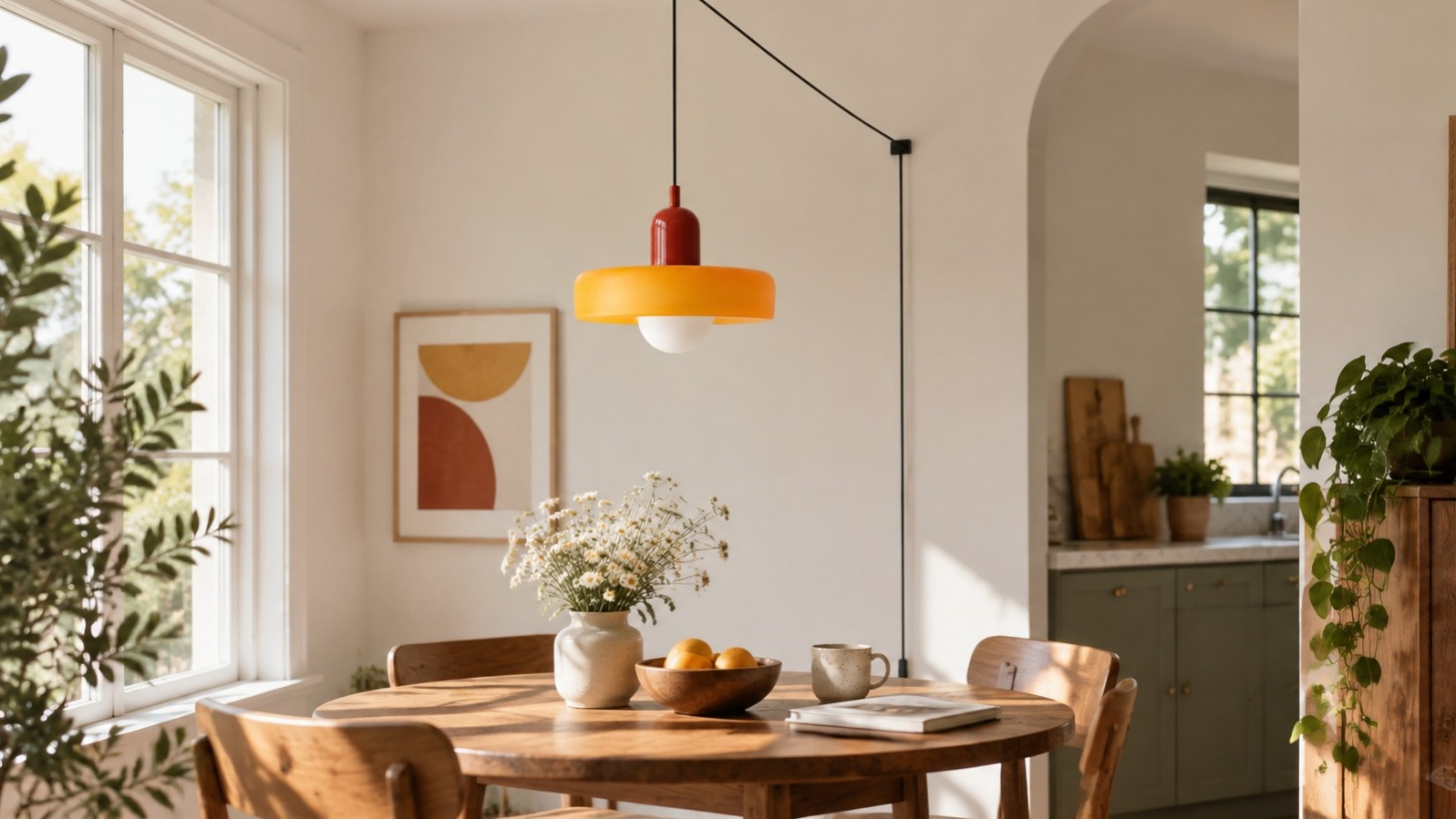 Colorful pendant above a dining table in daylight